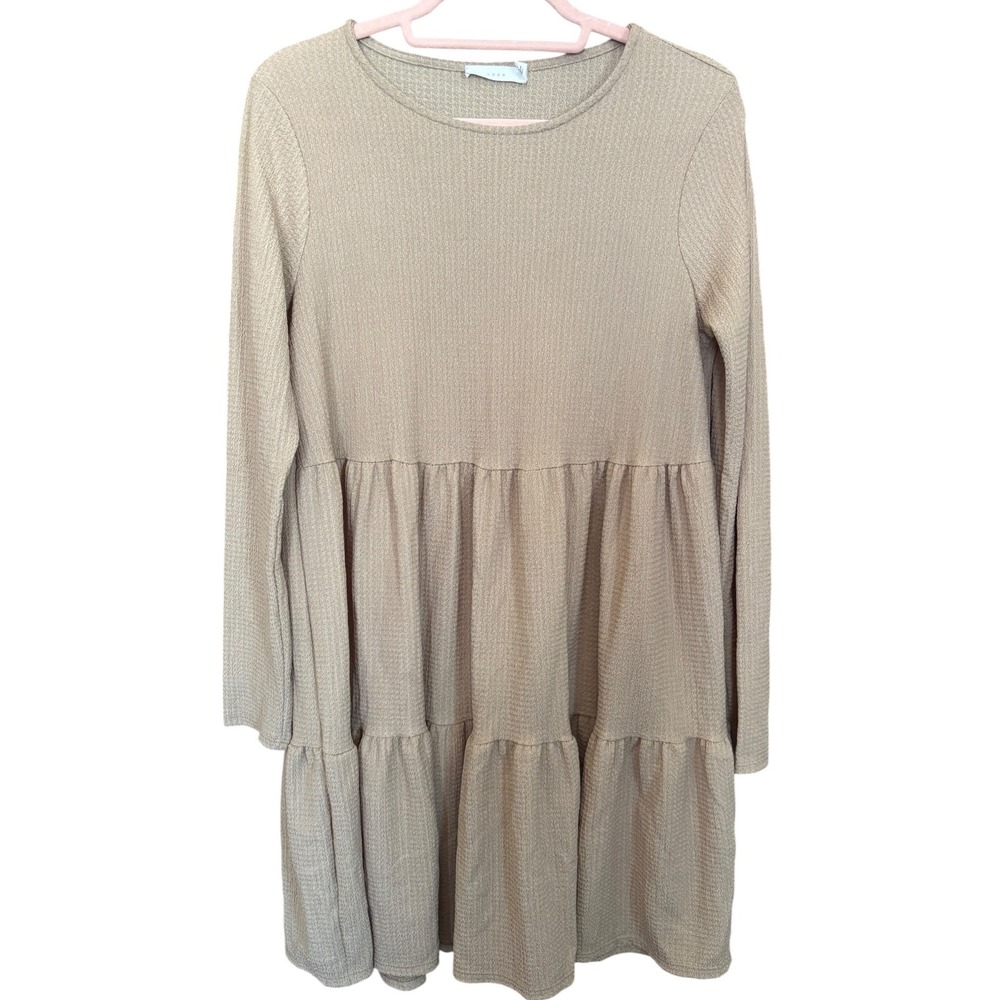 Lush Tan Beige Waffle Knit Tiered Babydoll Dress Long Sleeve Womens Small S